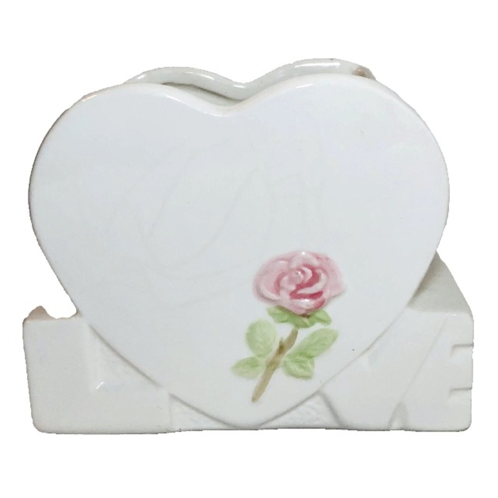 Heart-Shaped White Ceramic Vase with Pink Rose Design